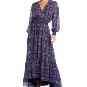 Allison NY Celine Maxi Dress Womens Small Purple Black VNeck Long Sleeve Smocked